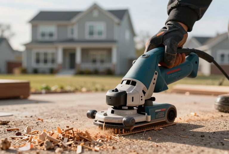 A close-up of a high-efficiency stump grinder finishing a job, leaving behind fresh wood mulch. Clean North American work site, with a modern residential house in the soft-focus background. Soft morning light, professional vibe.