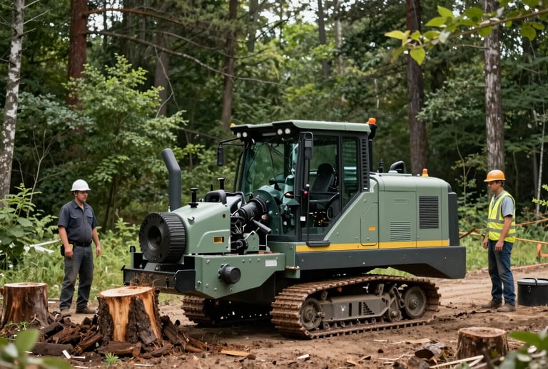 A wide shot of a heavy-duty industrial stump grinder on tracks, clearing stumps on a North American commercial land site. Professional operators wearing safety gear stand nearby. Deep forest green and sage color palette.