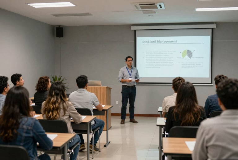 Interior of a modern South American university hall where a safety professional is presenting a risk management plan to faculty members, professional atmosphere, neutral gray tones.