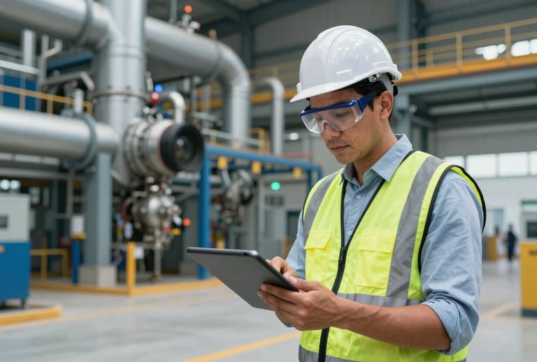 A professional South American engineer in Colombia inspecting a modern industrial plant floor, holding a digital tablet and wearing goggles, clean industrial setting with gray and industrial blue structural elements.