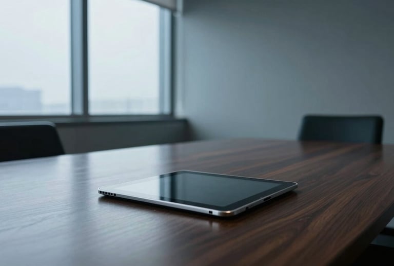 A high-end, minimalist boardroom in a North American / US corporate setting. A tablet on the dark wood table reflects the soft steel blue light from a large window.