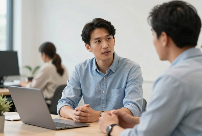 A focused professional in a North American / US co-working space engaged in an empathetic conversation with a mentor. The setting is bright and intelligent, featuring light blue and off-white color tones.