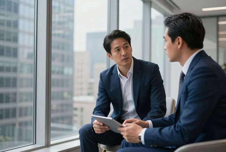 An executive coaching session in a sophisticated North American city high-rise. Two focused professionals in business-casual attire discuss growth strategies near floor-to-ceiling windows. The mood is expert and innovative with Midnight Blue details.