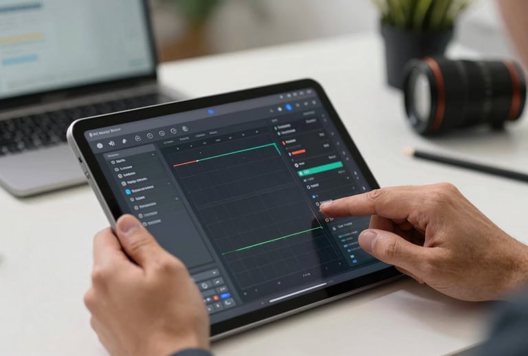 A close-up photograph of a professional's hands using a modern tablet in a bright, North American workspace. The screen displays a sophisticated skill-mapping dashboard. The background is a blurred, tech-forward corporate setting in Slate Grey.