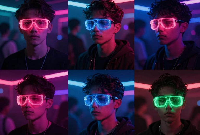 A collage of four young adults at a futuristic neon festival, wearing glowing LED glasses in pink, blue, and green, high energy, dark club lighting