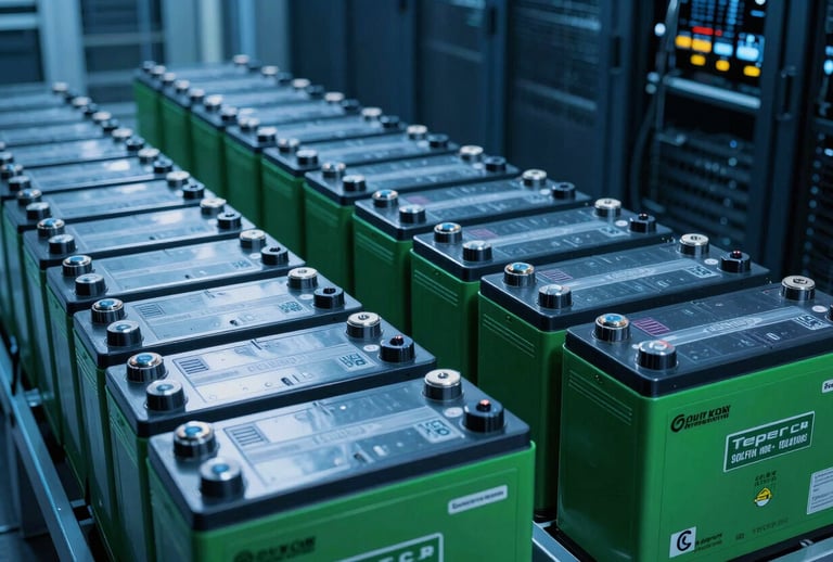 Rows of high-quality industrial deep-cycle batteries neatly arranged in a professional data center setting. The image uses mid blue and deep green lighting to convey reliability and innovation, South American industrial environment.