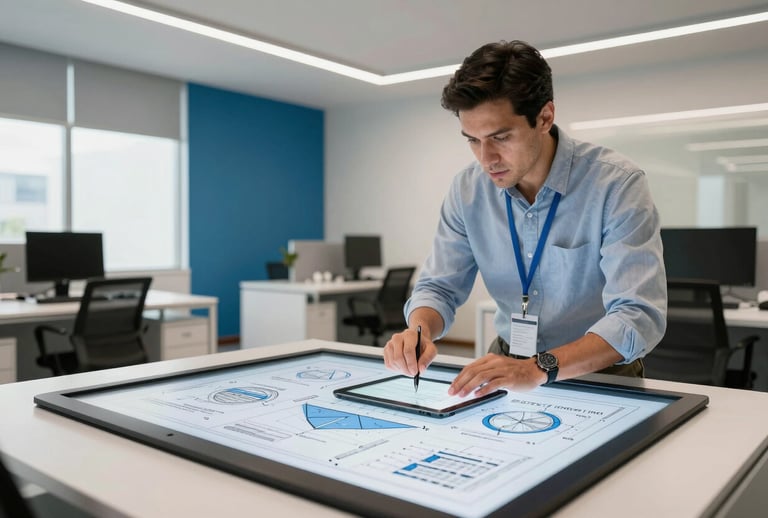A modern engineering office in Bogota, Colombia, where a consultant is reviewing a technical energy blueprint on a large digital tablet. The scene is professional with off-white and mid blue accents, showcasing innovation.