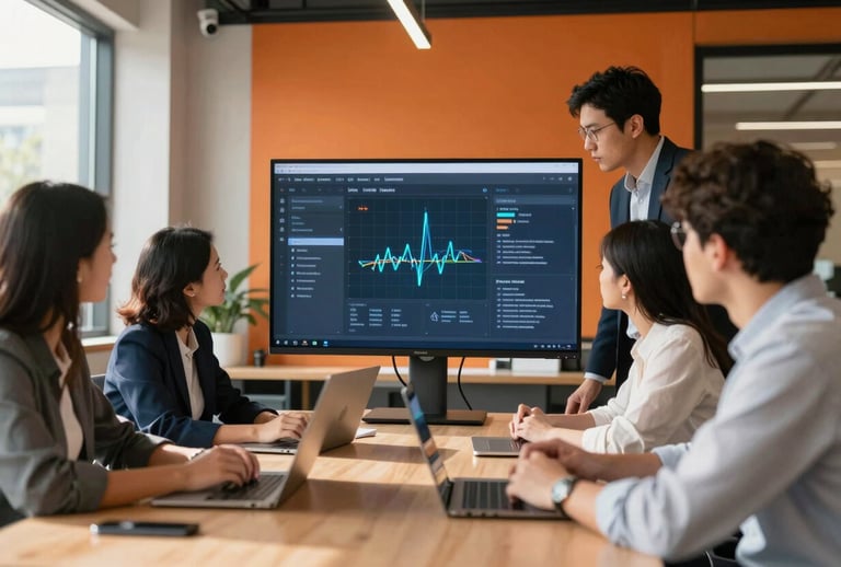 A dynamic team meeting in a modern US tech hub, professionals collaborating around a digital screen, natural sunlight, orange and navy color palette in the decor, focused and innovative energy.