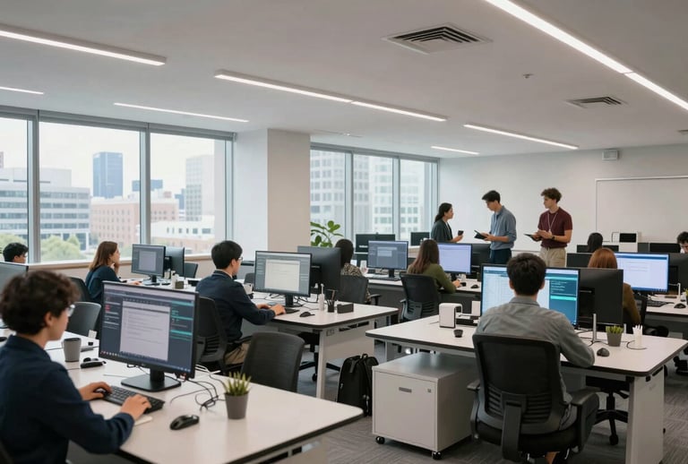 A wide shot of a bright modern learning laboratory in a North American city, professionals collaborating over complex software interfaces, innovative and sleek architecture.
