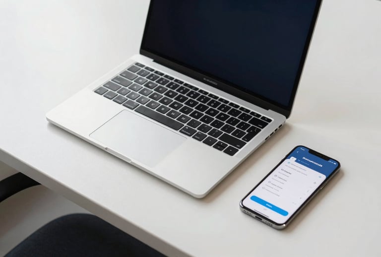 An overhead view of a clean, minimalist desk in a North American corporate office featuring a sleek laptop and a smartphone showing a progress app, accented with dark navy and light blue tones.