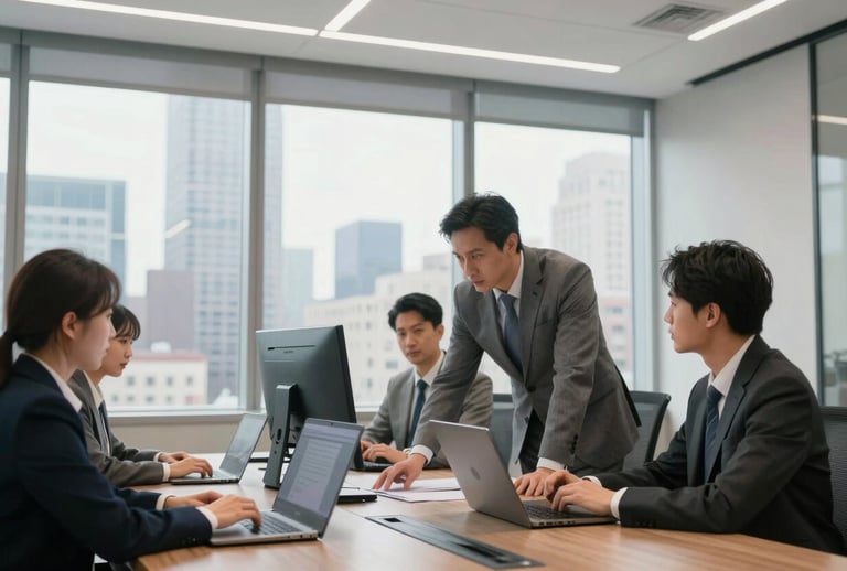 A group of professionals in a high-rise North American boardroom with large windows overlooking a city skyline, engaged in a collaborative session using digital displays, bright and crisp lighting.