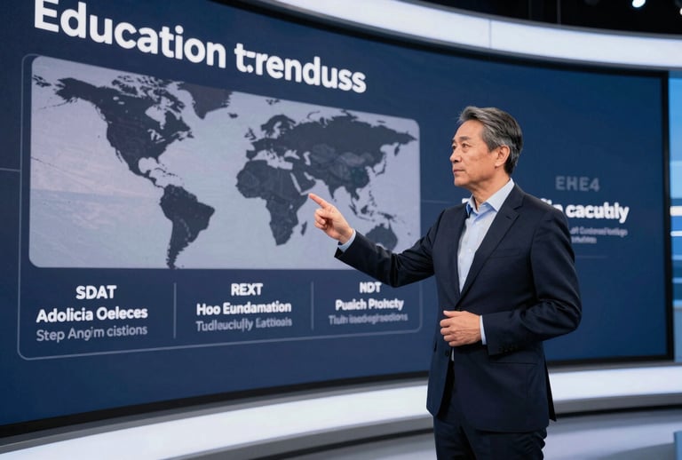 A confident leader standing in a high-tech corporate studio in the United States, gesturing toward a large digital display showcasing global education trends. Professional cinematography with deep navy and light gray colors reflecting a high-end brand.