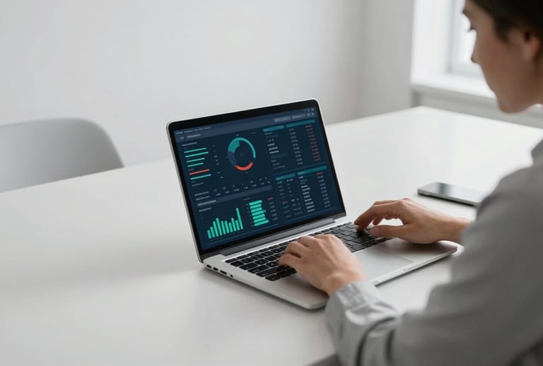 A professional in a bright, minimalist North American co-working space, analyzing intricate data visualizations on a premium laptop screen. The composition is clean and modern, highlighting a sophisticated atmosphere with light gray and teal tones.