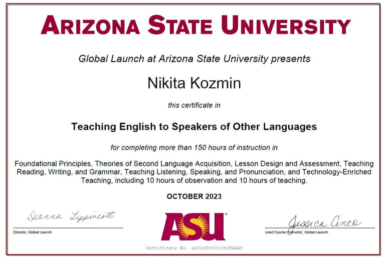 TESOL Certificate from Arizona State University