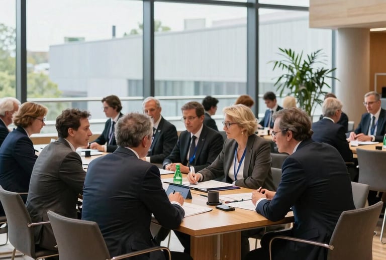 Wide shot of an active bilateral trade summit in Brussels, high-end architectural interior, delegates in professional discussions around a wooden table, crisp daylight through large windows