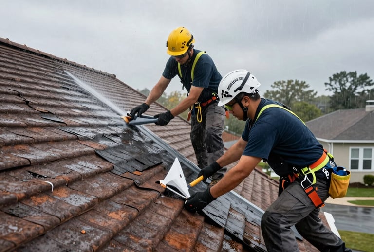 Storm damage repair team fixing a damaged roof with tarping and tools.