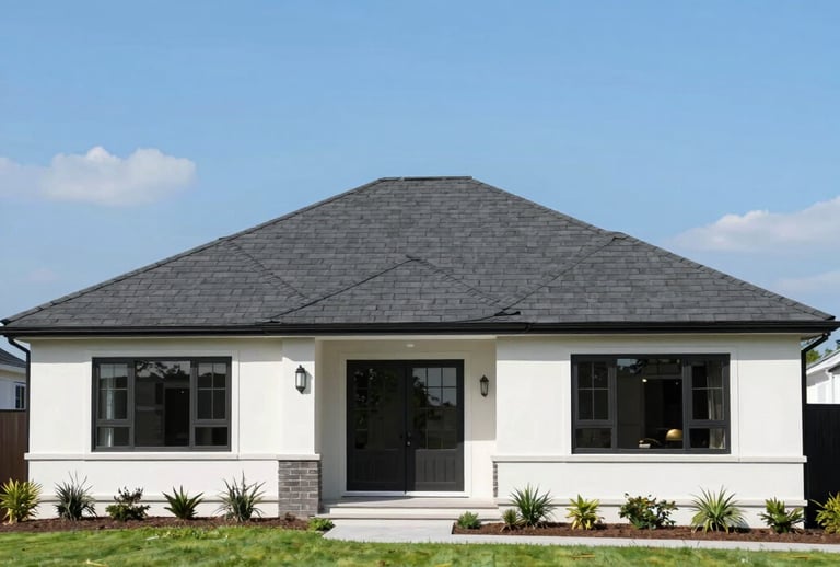 Close-up of a newly installed dark blue metal roof gleaming under a clear sky.