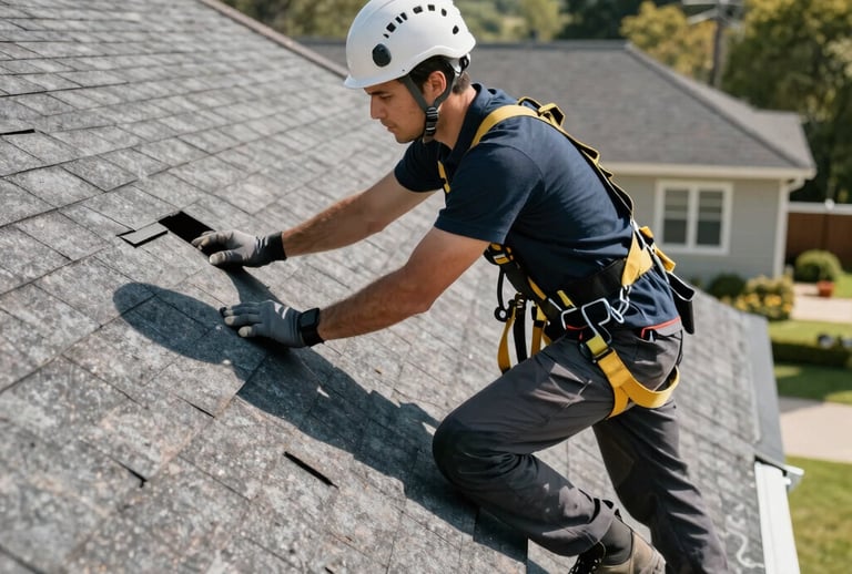 Before and after shots of a residential roof replacement showcasing transformation.