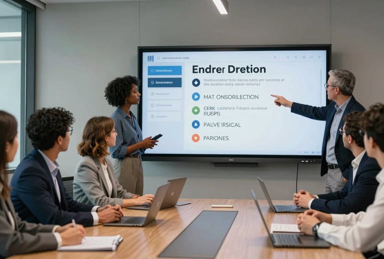 A diverse team of professionals in a North American corporate boardroom collaborating on a large digital strategy screen, focused on high-level branding and lead generation.
