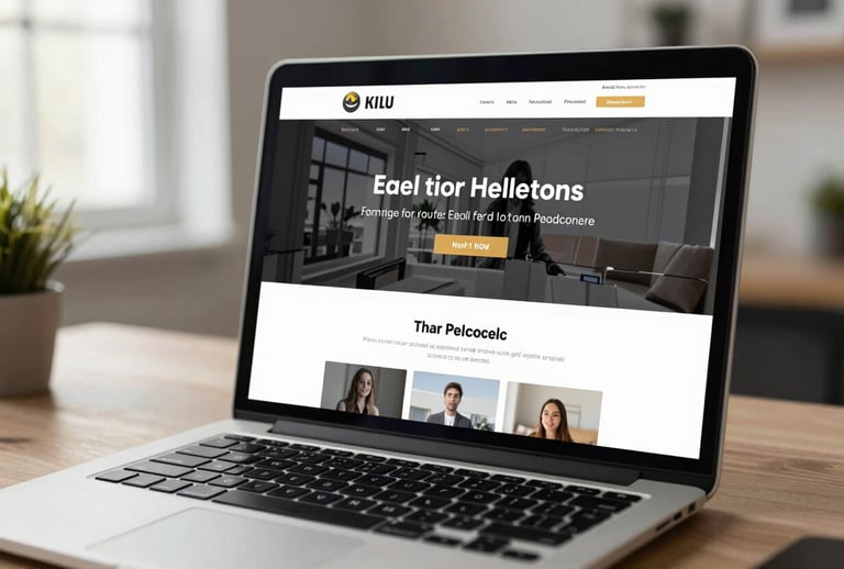 Close-up of a high-end laptop display showing a sleek, modern responsive website design for a real estate firm, located in a contemporary North American workspace with soft morning light.