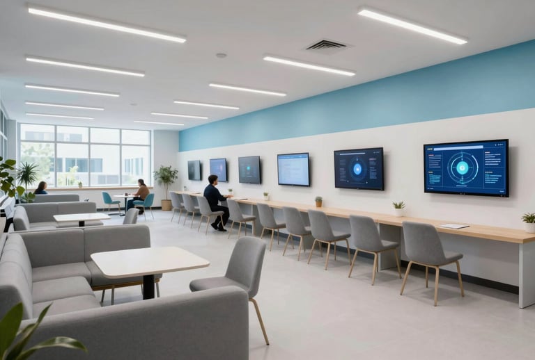 A wide-angle professional photograph of a modern community learning space in a North American tech hub. Sleek furniture and interactive digital displays on the walls suggest innovation. Lighting is bright and welcoming with light blue and white color palette.