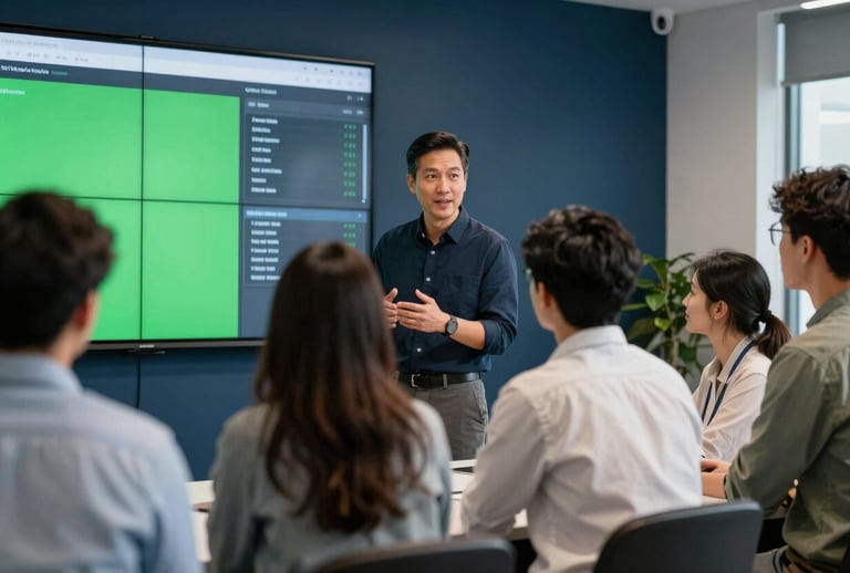 Professional photography of a mentor guiding a small group of adult learners in a high-tech North American office. They are looking at a large wall-mounted screen displaying data. Intelligent and welcoming atmosphere with deep navy and vibrant green tones.