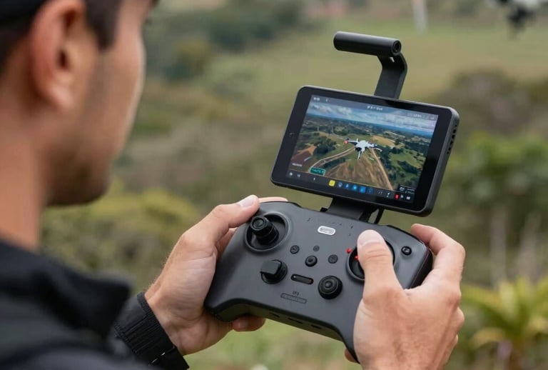 A close-up of a professional drone pilot in South America / Brazilian setting, holding a high-tech controller with a built-in screen showing an aerial view. Professional attire, tech-focused atmosphere.