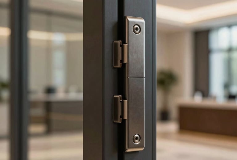Detailed professional macro photograph of an architectural pivot hinge made of dark matte metal, installed on a heavy luxury glass door. Soft warm light highlights the seamless edges and mechanical precision. Ultra-modern interior setting in a Latin American corporate headquarters, clean minimalist style.