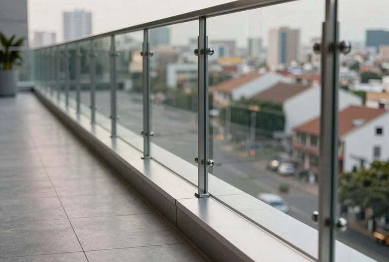 Architectural detail photograph of an anodized aluminum floor channel supporting a thick structural glass balustrade. Linear perspective, bright ambient lighting showing the flawless installation. Modern outdoor terrace overlooking a Latin American metropolis.