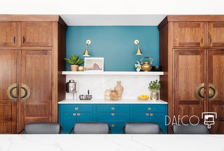 a kitchen with a blue cabinet and a white counter top, cabinet painting services Denver