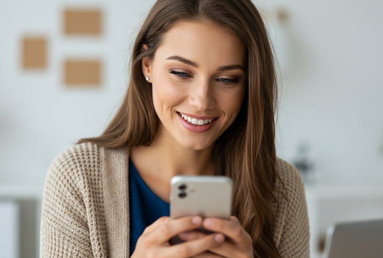 a woman smiling and holding a cell phone