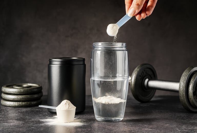 Pote de creatina monohidratada ao lado de um copo de água, transmitindo uso diário e simplicidade.