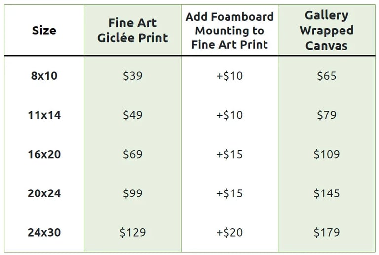 Prices for fine art prints and gallery wrapped canvas prints of your Custom Family Tree Art