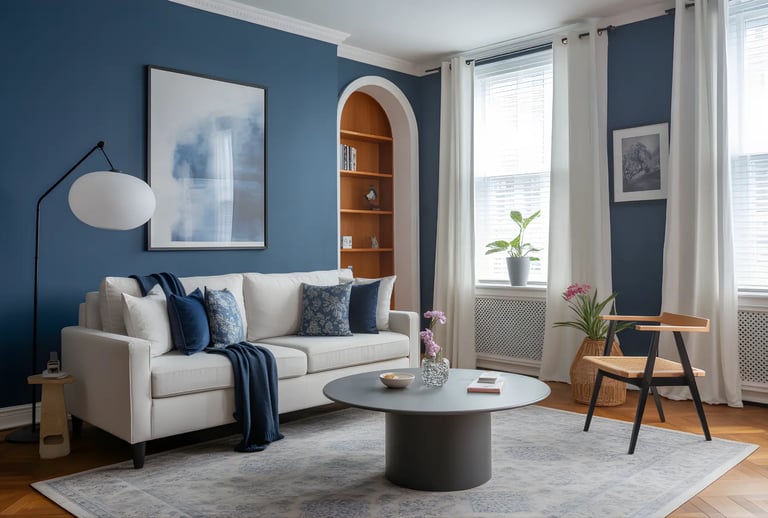 Living room in Midnight Blue + Soft White Color Combination