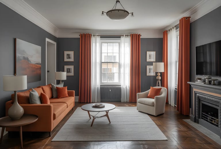 Living room in Burnt Orange + Slate Grey Color Combination