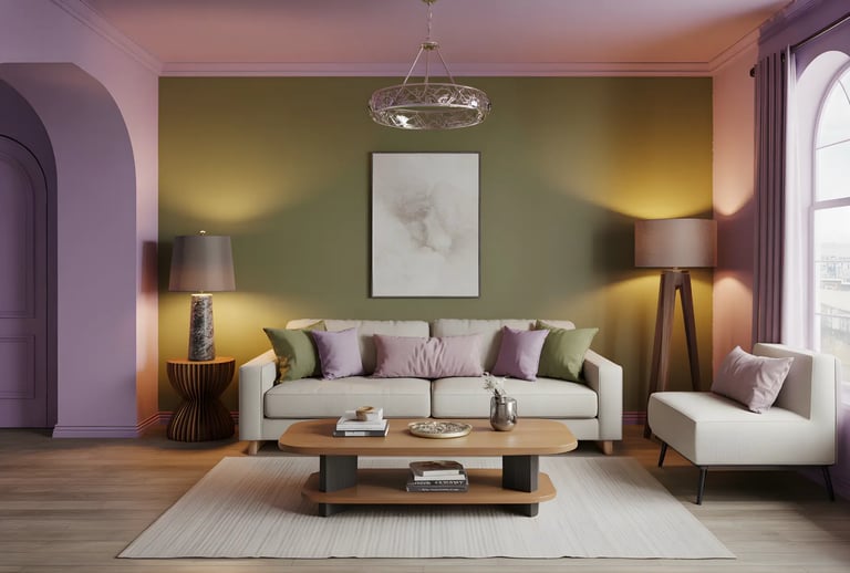 Living room in Lavender + Olive Green Color Combination