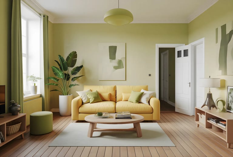 Living room in Pear Green + Soft Yellow Color Combination