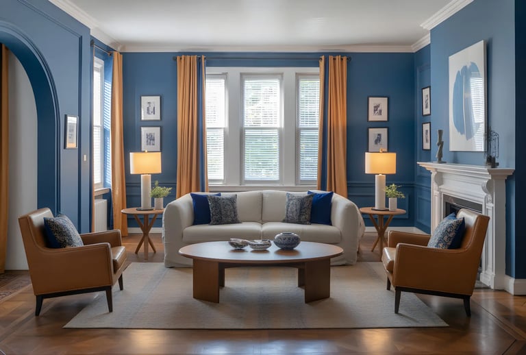 Living room in Cobalt Blue + Tan Color Combination