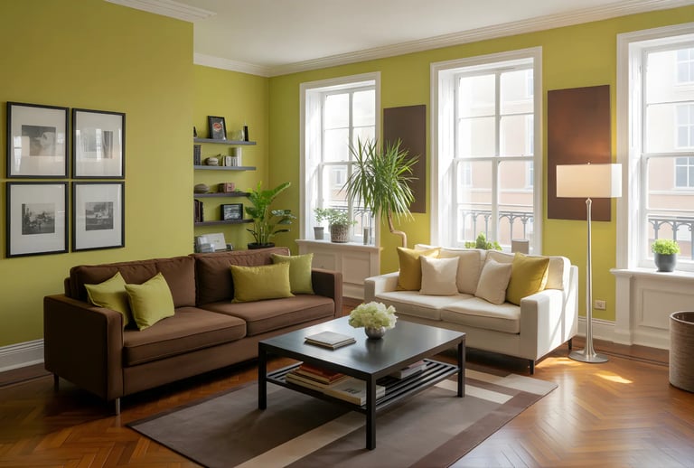 Living room in Chocolate Brown + Lime Green Color Combination
