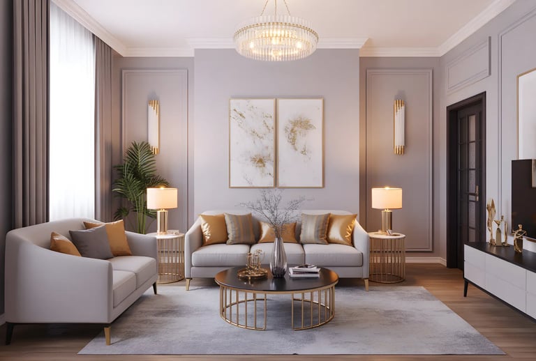 Living room in Gold + Grey Color Combination