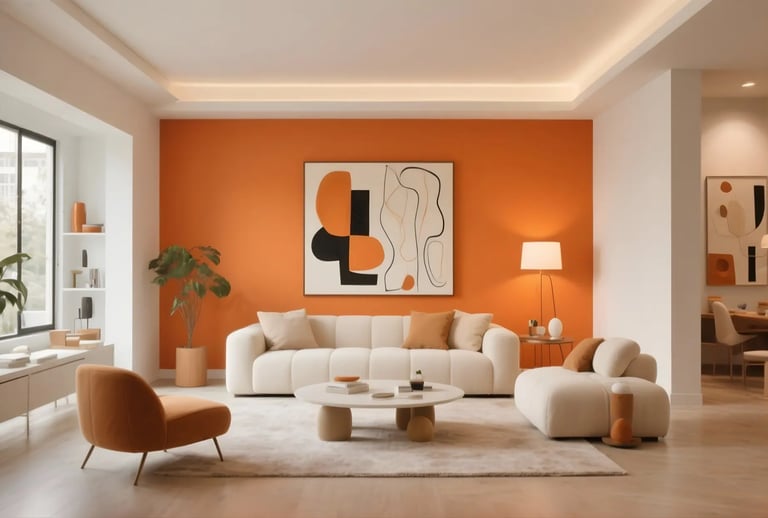 Living room in Orange + Neutrals (White/Beige) Color Combination