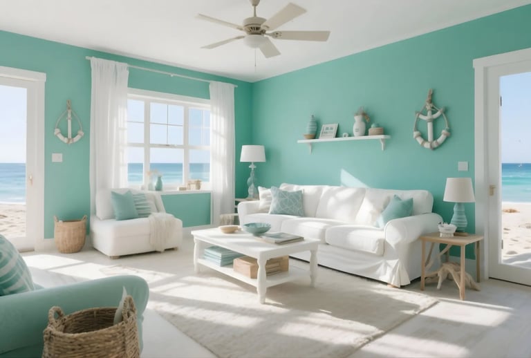 Living room in Sea Green + White Color Combination