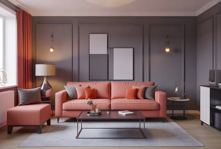 Living room in Slate Grey + Coral Color Combination