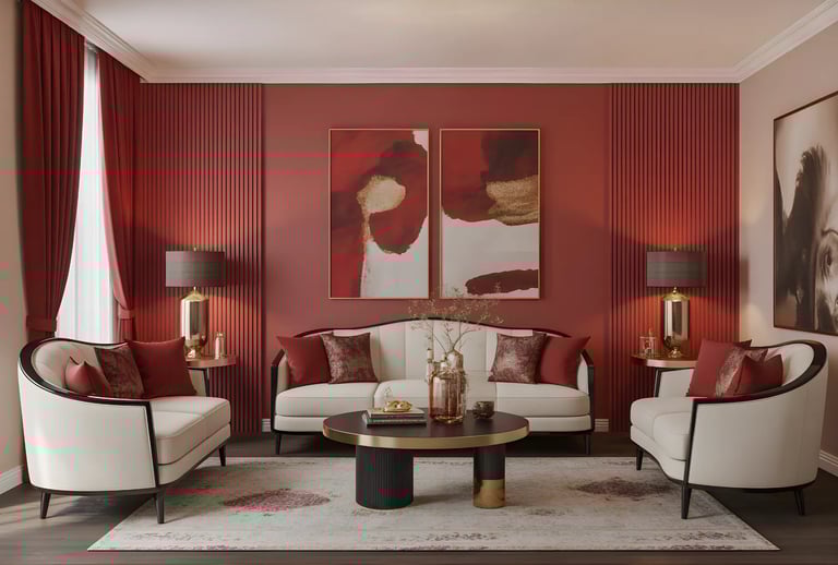 Living room in Ruby Red + Ivory Color Combination