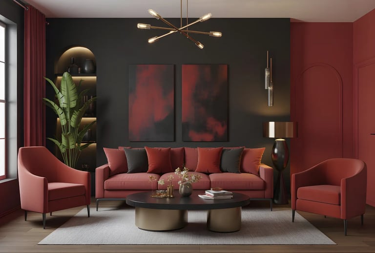Living room in Black + Red (Accent Wall) Color Combination
