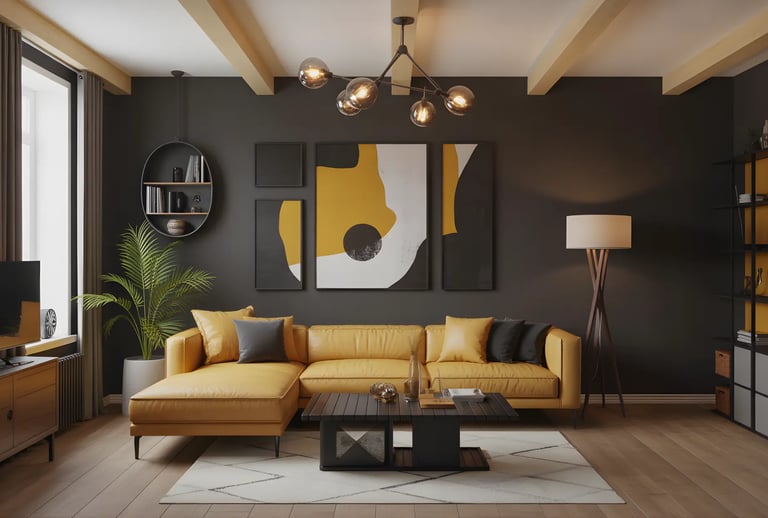 Living room in Mustard + Charcoal Color Combination