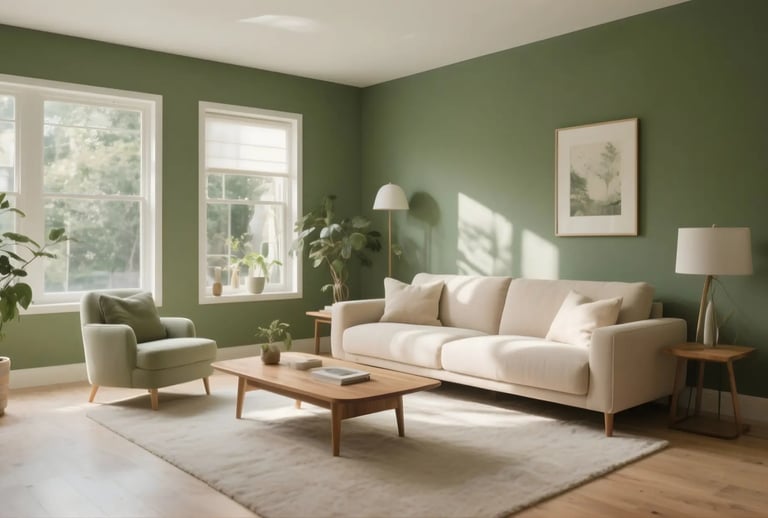 Living room in Olive Green + Oatmeal Color Combination