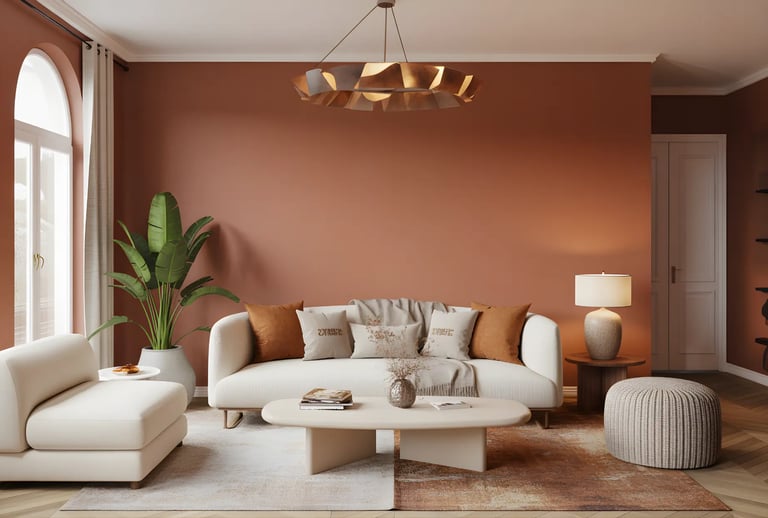 Living room in Burnt Sienna + Off-White Color Combination