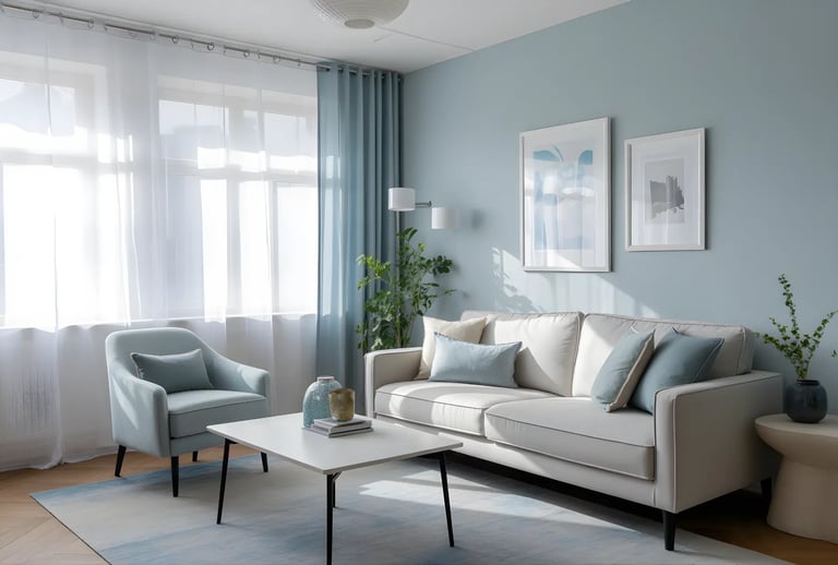 Living room in Soft Grey + Pastel Blue Color Combination