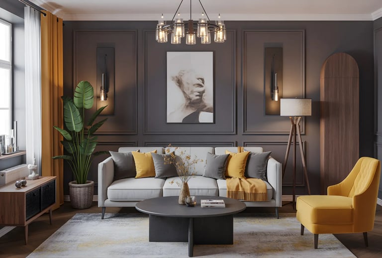 Living room in Charcoal Grey + Mustard Yellow Color Combination